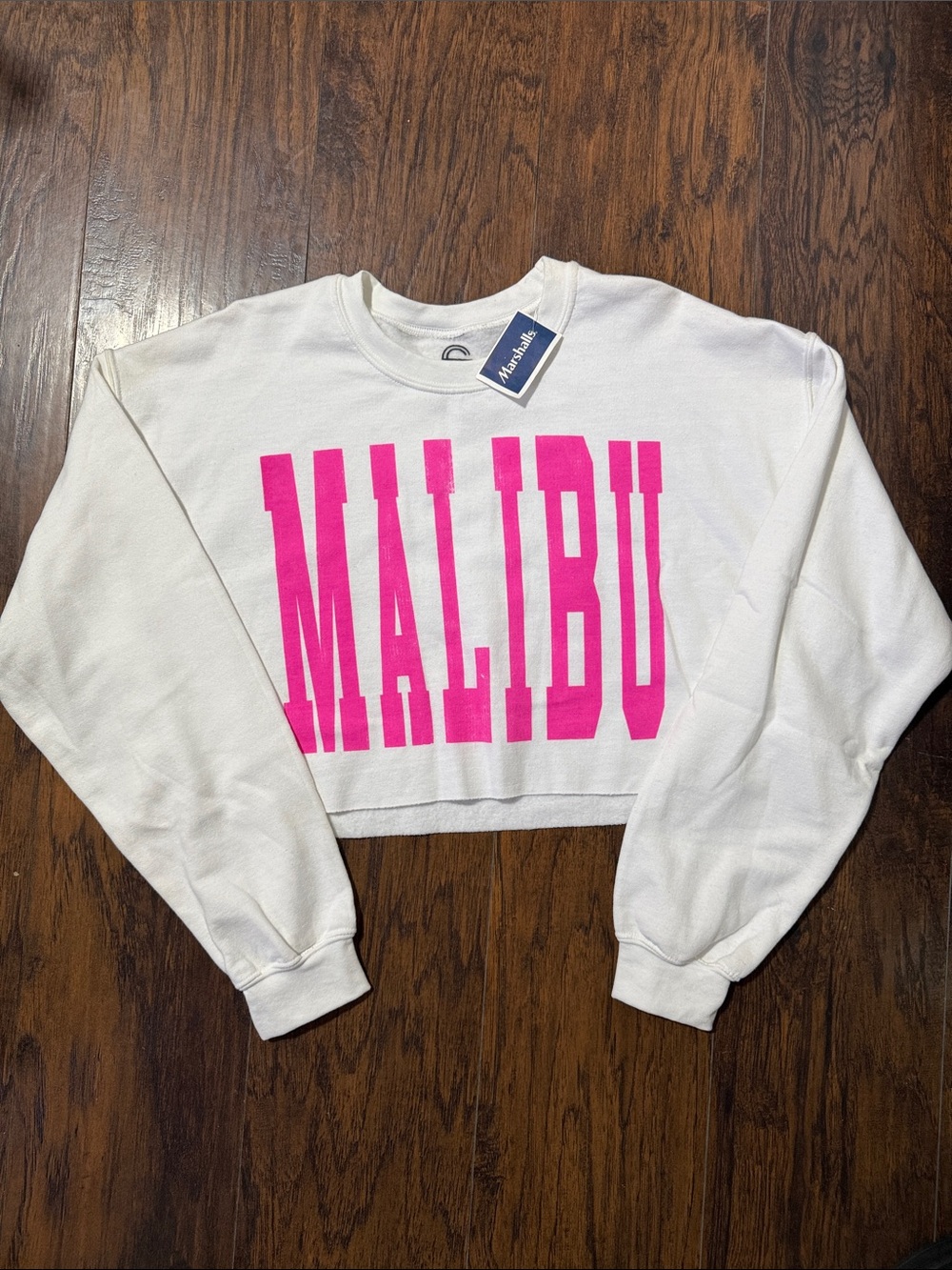 Malibu Cropped Sweatshirt - White with Hot Pink Logo